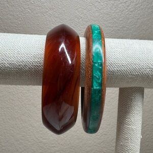 Bangles bundle wooden green and acrylic root beer tone